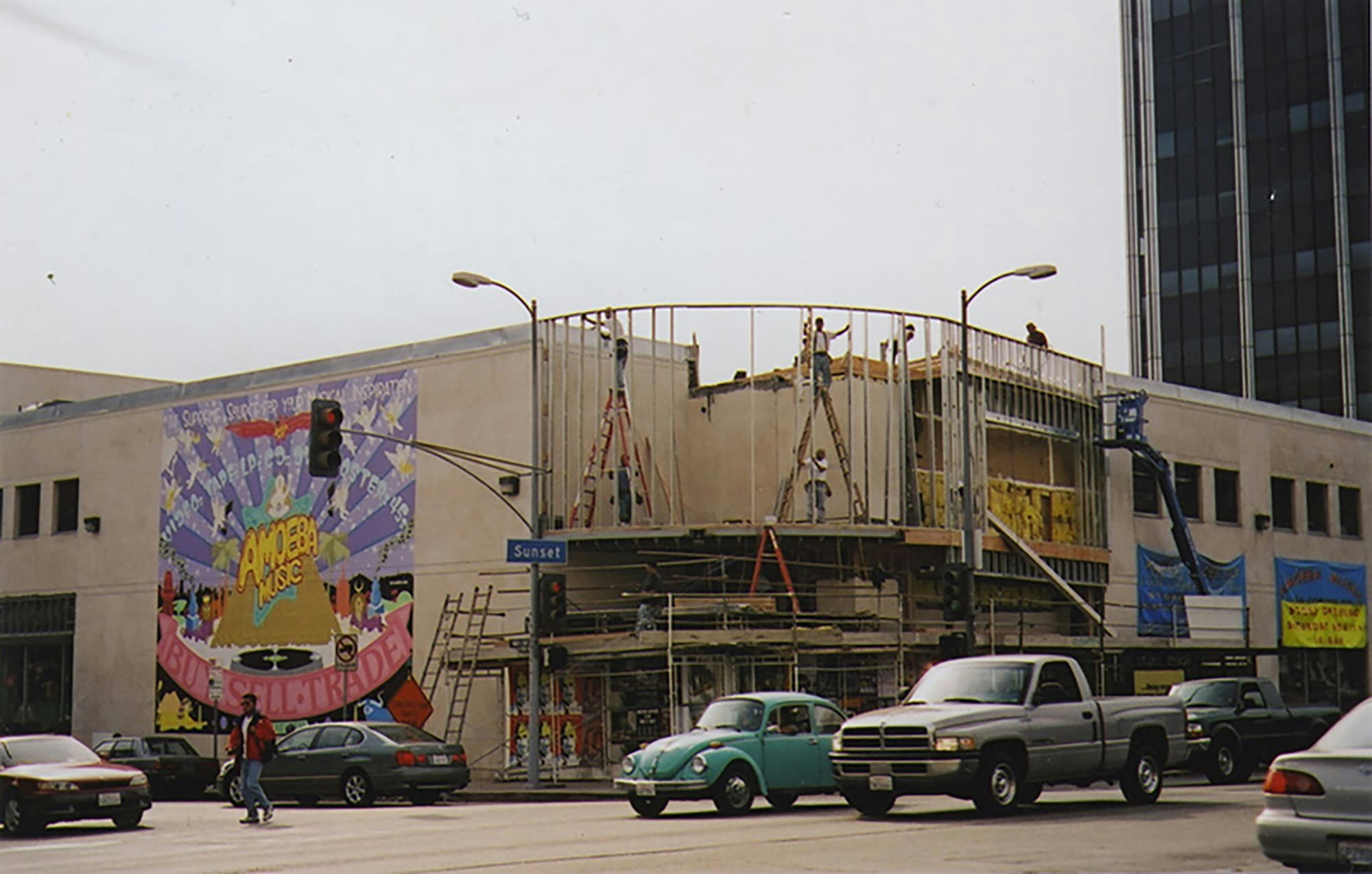 Workers rushing to finish construction on Amoeba Music Los Angeles storefront just months before the grand opening, September 2001.